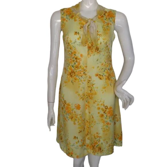 VINTAGE Dress, 4, Yellow Floral, Scarf tie neck, Sleeveless, Handmade - Picture 1 of 13